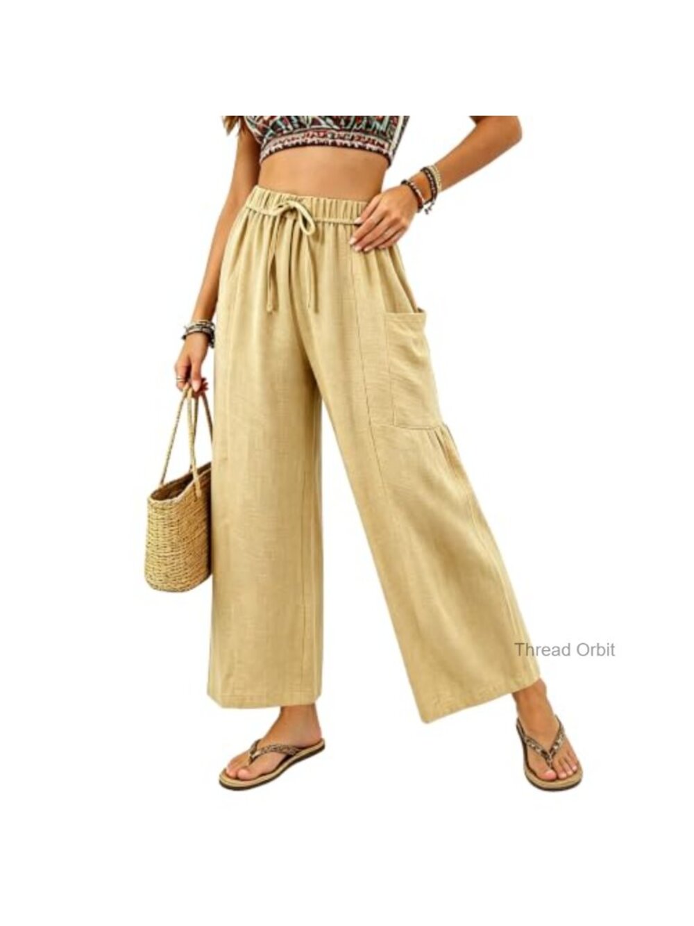 Womens Wide Leg Cropped Pants Drawstring Casual Palazzo Loose Flowy Lounge